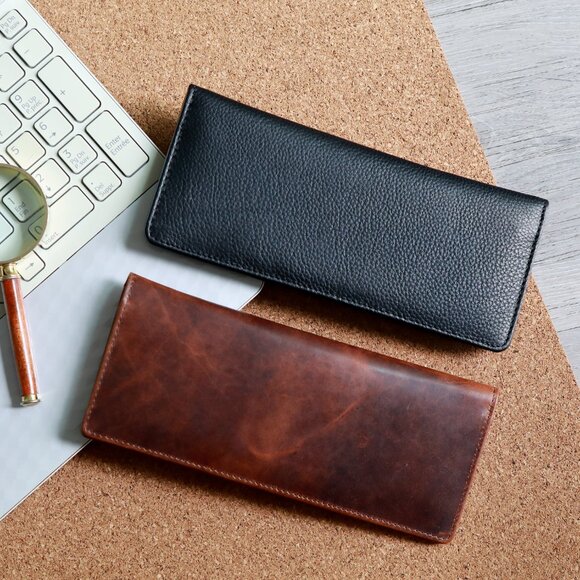 Slim Men's Tall Full Grain Leather Long-Wallet Bifold Vintage Wallet Coffee - Picture 7 of 7